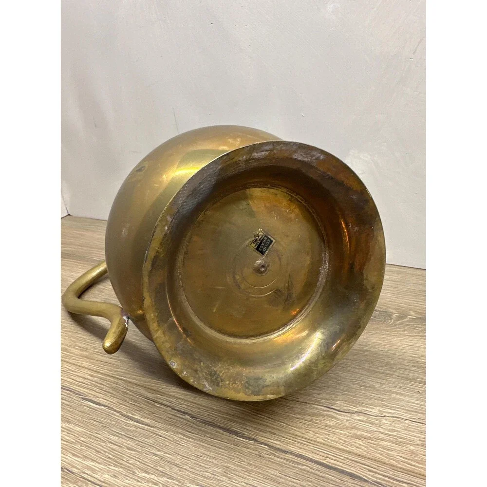 Vintage Aged Solid Brass Pitcher Cast Handle Patina Rustic Decor Vase